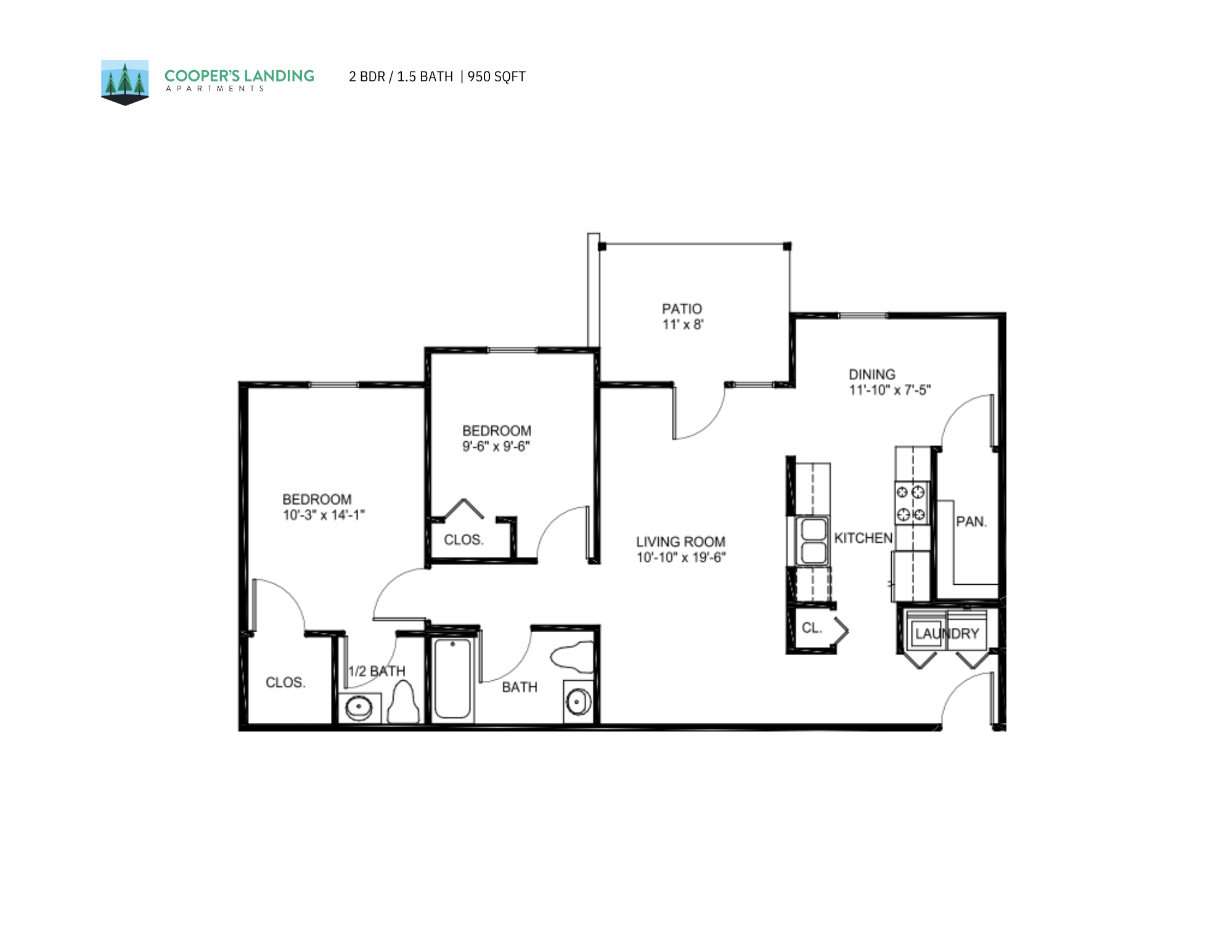 Floor plan for 2 beds, 1.5 baths, 950 sqft